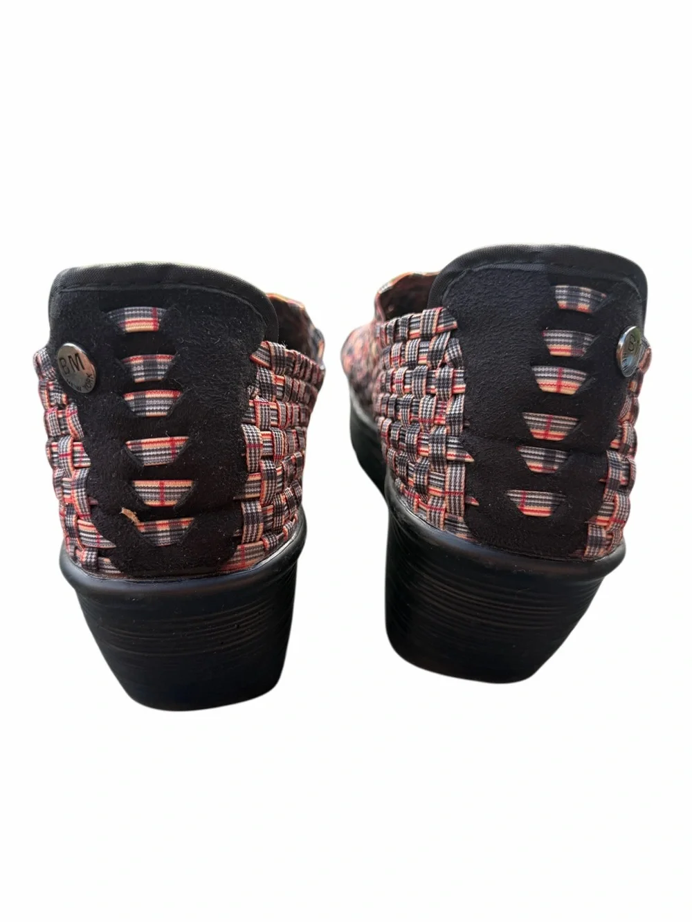 bernie mev. Multicolor Woven Slip-On Wedges — Black, Red, Tan